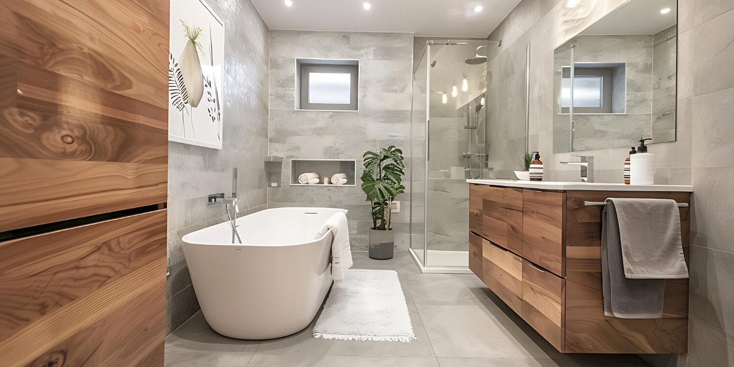 modern-bathroom-with-gray-tiles-freestanding-bathtub-wooden-vanity-light-grey-color-scheme Modern bathroom renovation showing updated fixtures and tile work