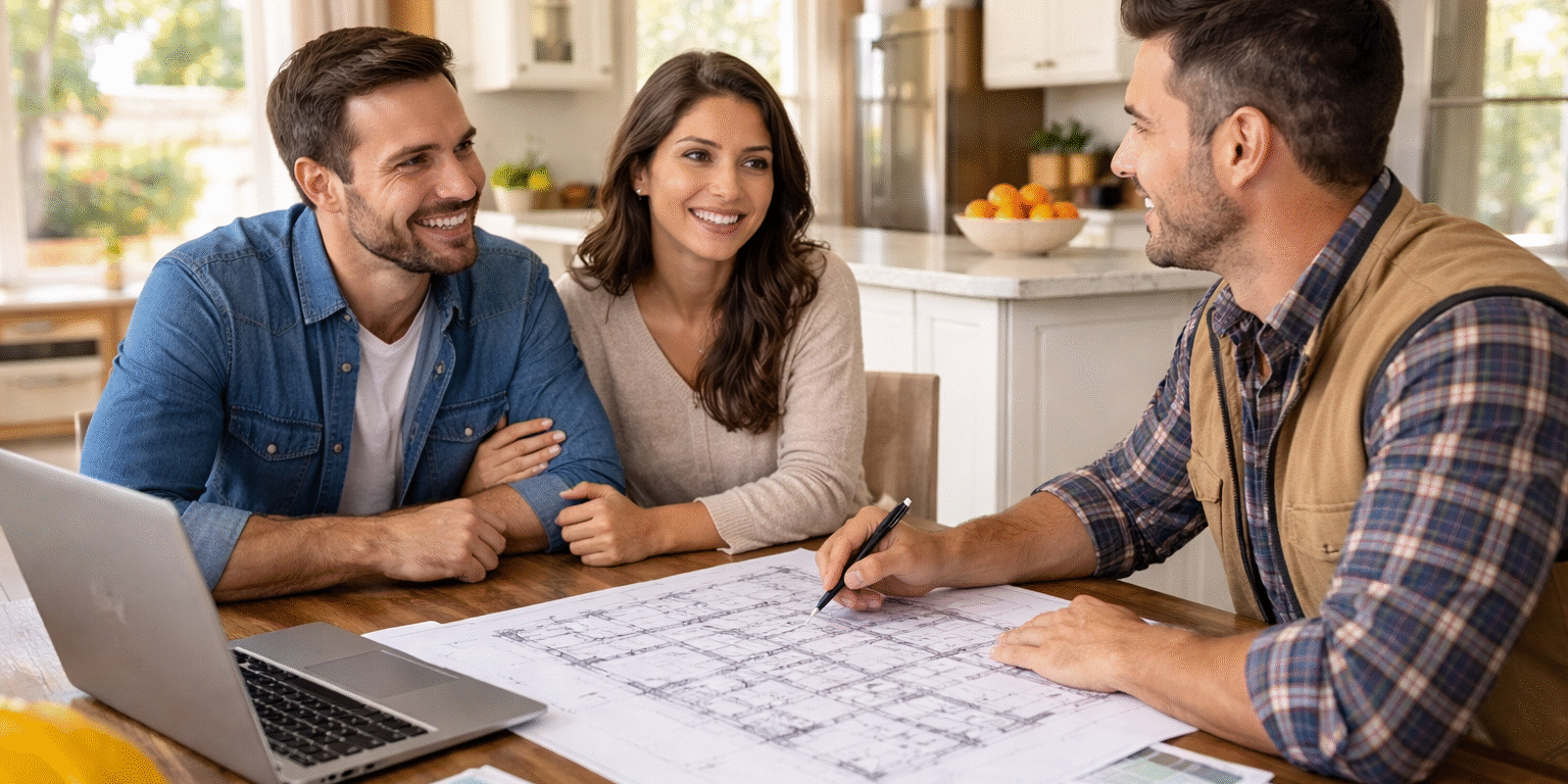 Consulting over kitchen renovations home remodeling consultation February meeting between homeowner and contractor