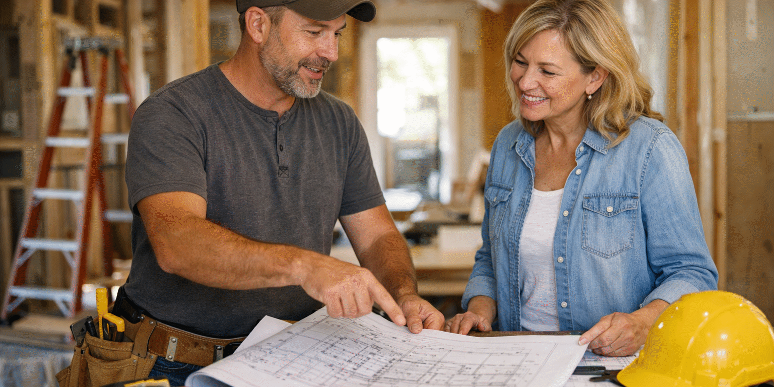 Discussing renovation plans. home remodel process with contractor and homeowner planning renovation