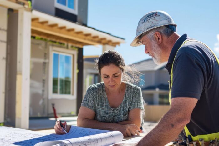 woman-construction-worker-review-blueprints-new-home-building-project Texas home remodel project with contractor planning renovation