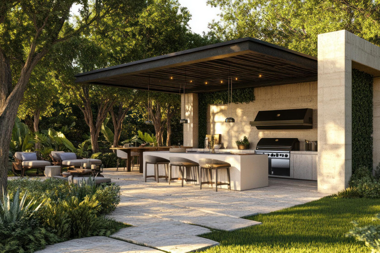 Outdoor living trends in a Texas backyard with patio and kitchen features