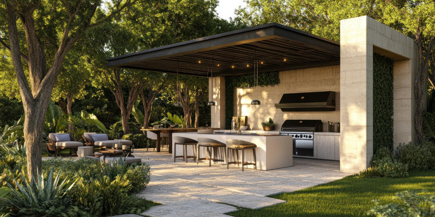 image-outdoor-living-trends-texas-backyards Outdoor living trends in a Texas backyard with patio and kitchen features