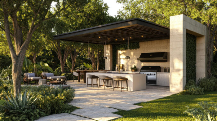 Outdoor living trends in a Texas backyard with patio and kitchen features